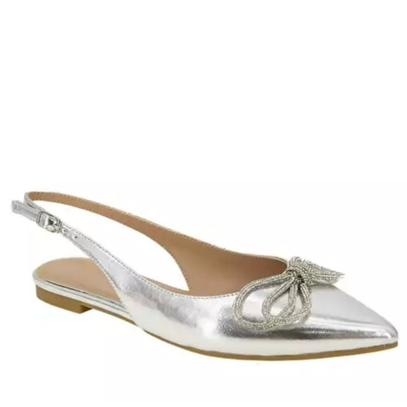 New BCBGeneration Kristin Silver Metallic Rhinestone Bow Slingback Flats 8 - Picture 1 of 10